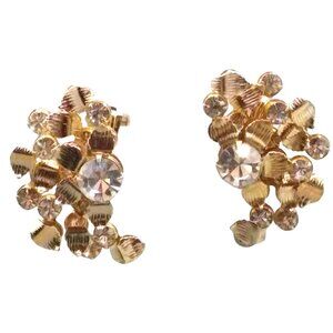 Vintage LERU Flower Earrings, Gold Tone Textured Petals and Clear Crystal Center